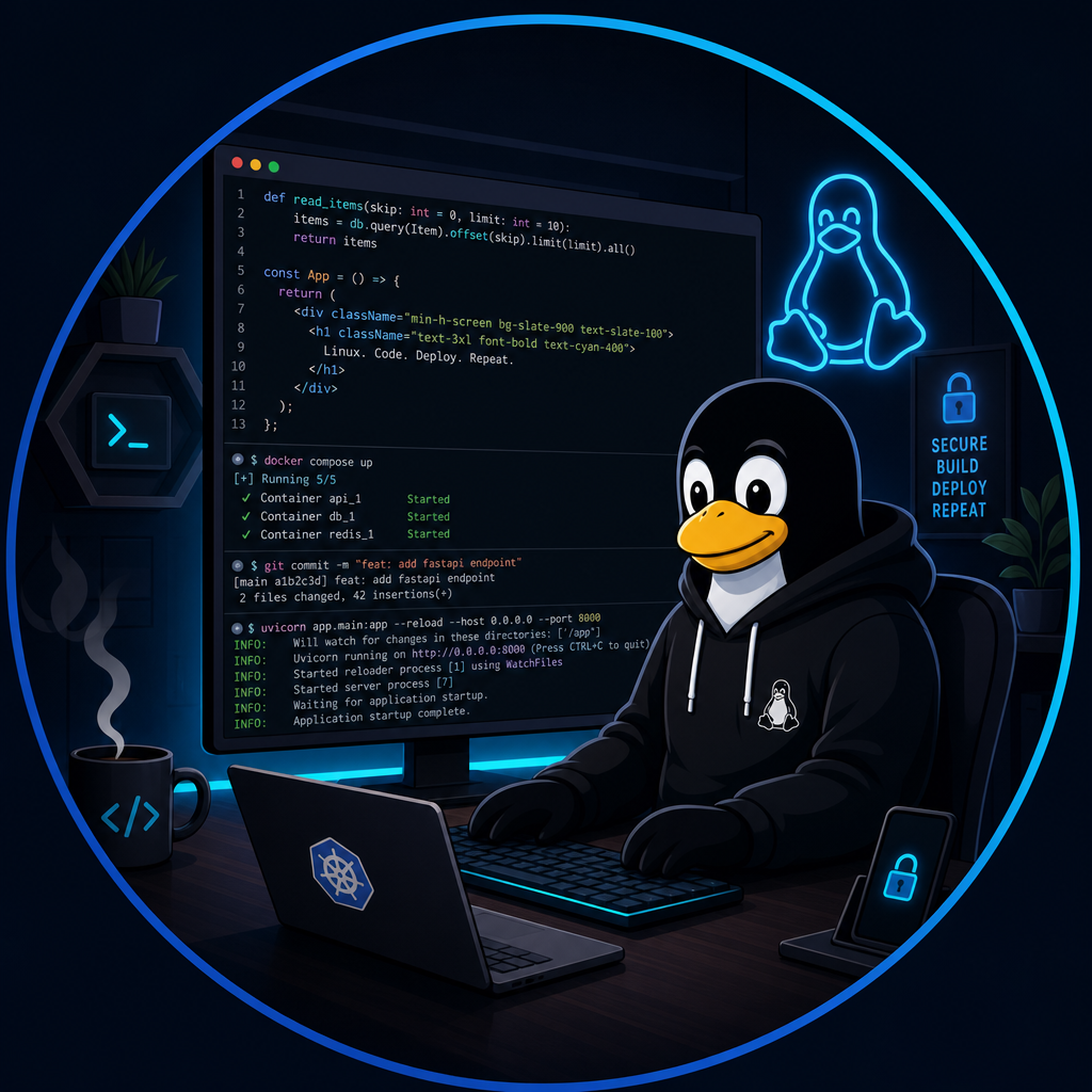 Tux the Linux penguin in a black hoodie coding at a modern desk